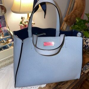 KATE SPADE LEATHER SAM SATCHEL LIGHT BLUE WITH NAVY LINING, POUCH, AND STRAP